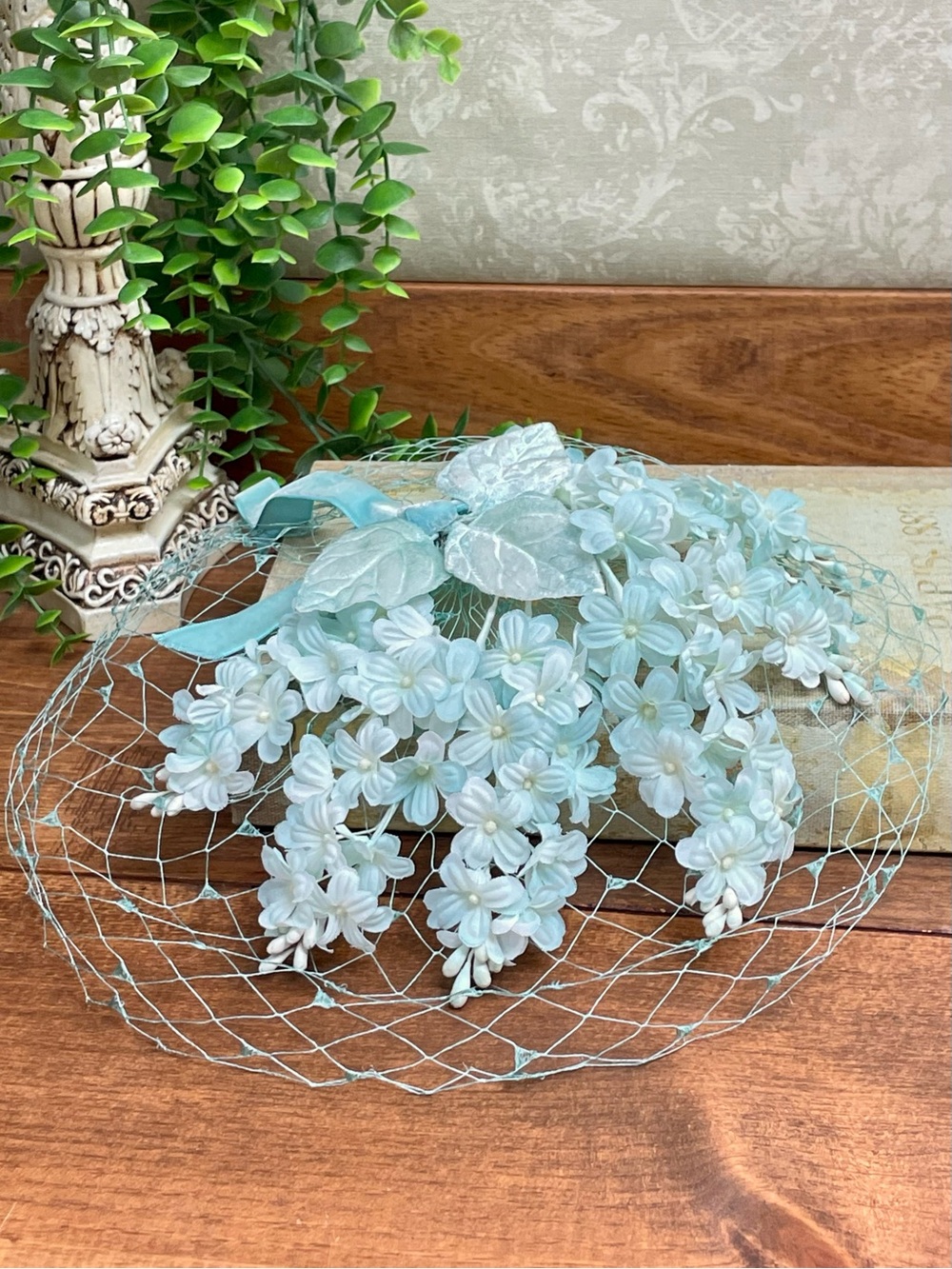 Vintage 1950s SkolNips Aqua Floral Half Hat Birdcage Veil Fascinator